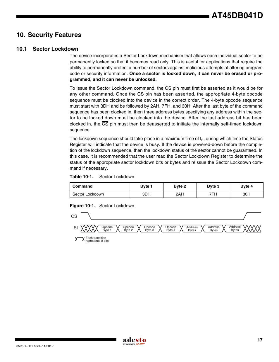 Security features, 1 sector lockdown | Rainbow Electronics AT45DB041D User Manual | Page 17 / 53