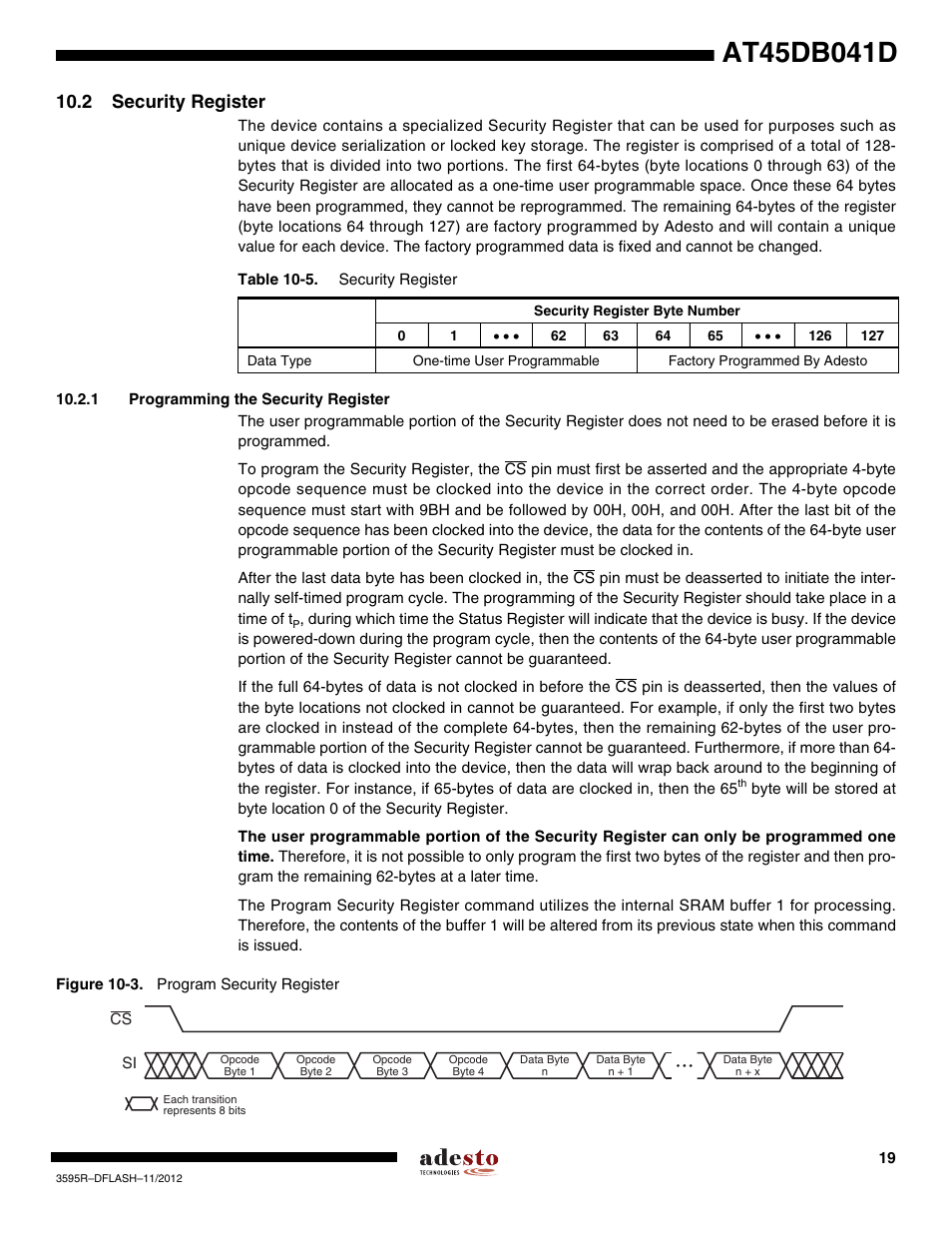 2 security register, 1 programming the security register | Rainbow Electronics AT45DB041D User Manual | Page 19 / 53