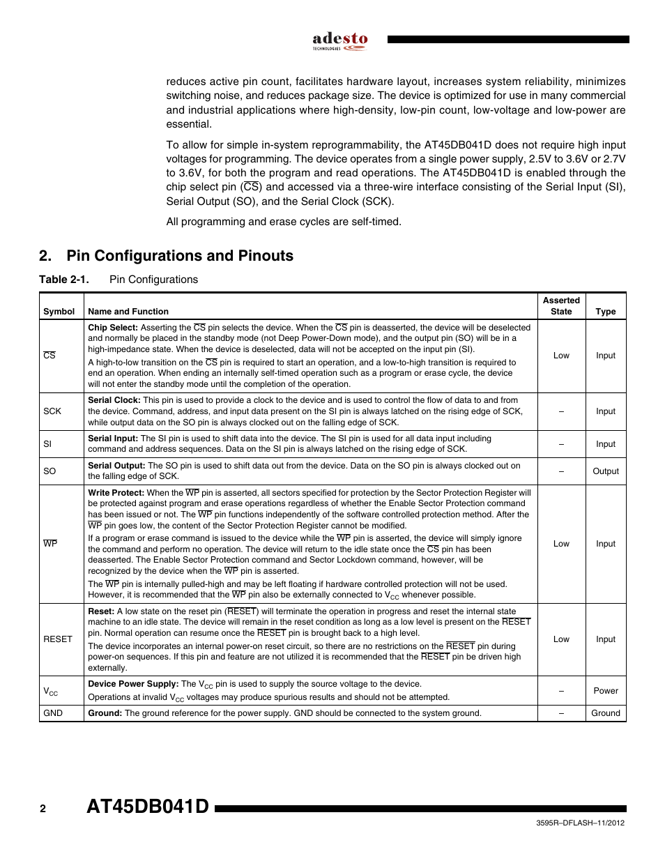 Pin configurations and pinouts | Rainbow Electronics AT45DB041D User Manual | Page 2 / 53