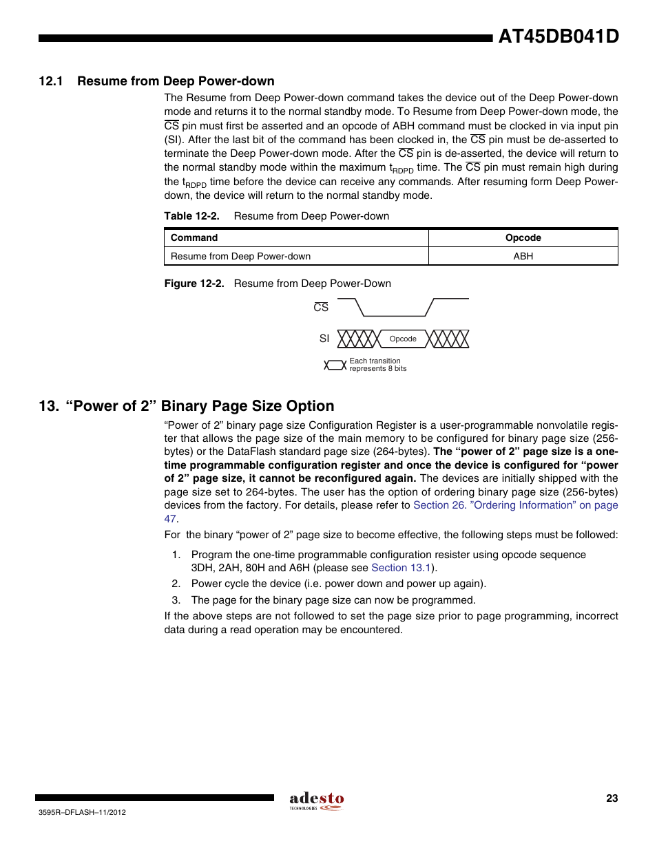 1 resume from deep power-down, “power of 2” binary page size option | Rainbow Electronics AT45DB041D User Manual | Page 23 / 53