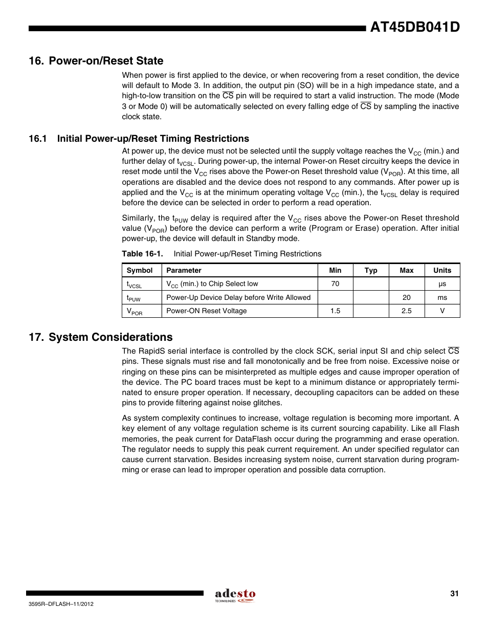 Power-on/reset state, 1 initial power-up/reset timing restrictions, System considerations | Rainbow Electronics AT45DB041D User Manual | Page 31 / 53