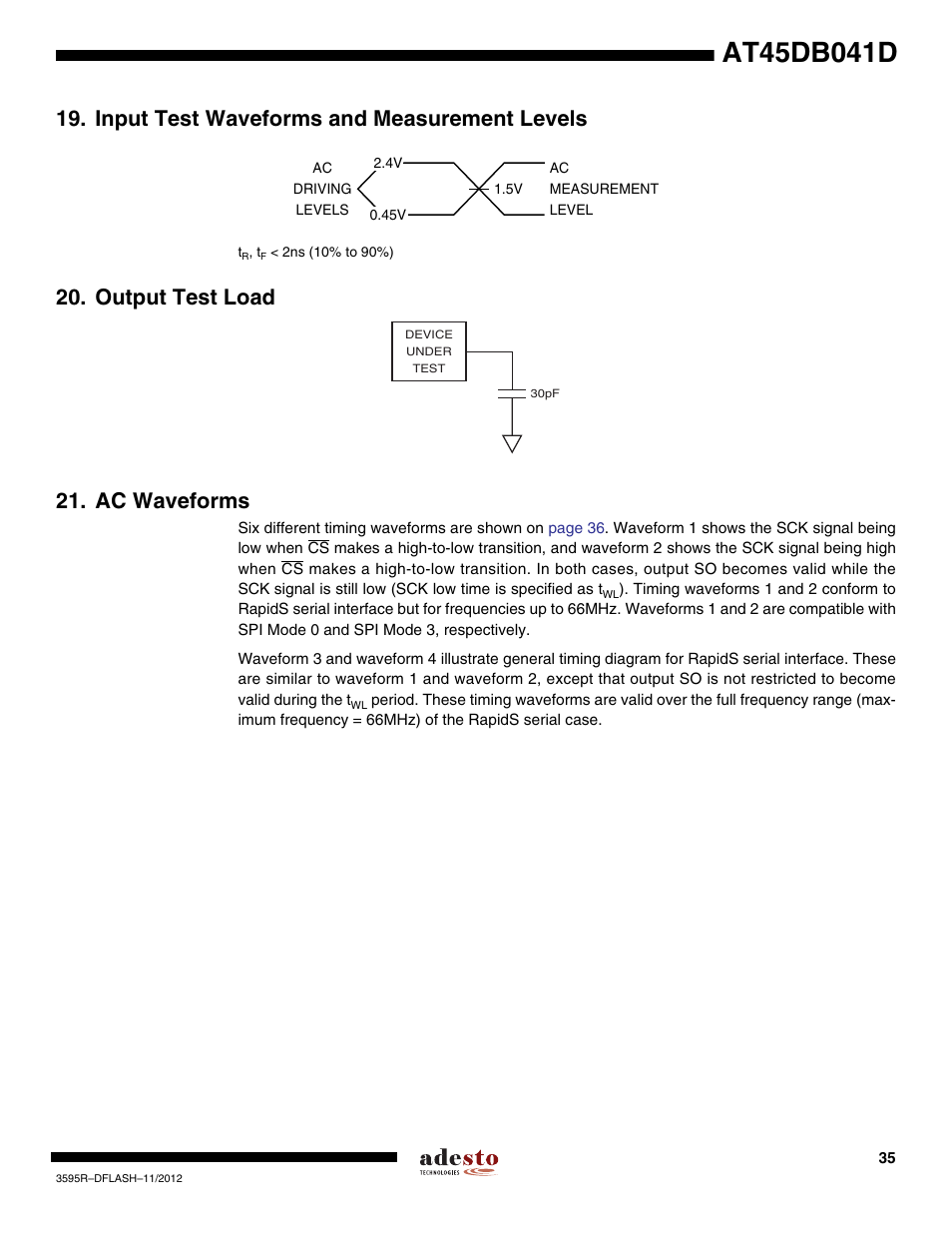 Input test waveforms and measurement levels, Output test load, Ac waveforms | Output test load 21. ac waveforms | Rainbow Electronics AT45DB041D User Manual | Page 35 / 53