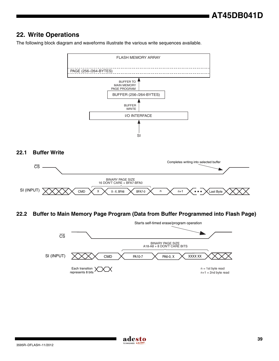 Write operations, 1 buffer write | Rainbow Electronics AT45DB041D User Manual | Page 39 / 53