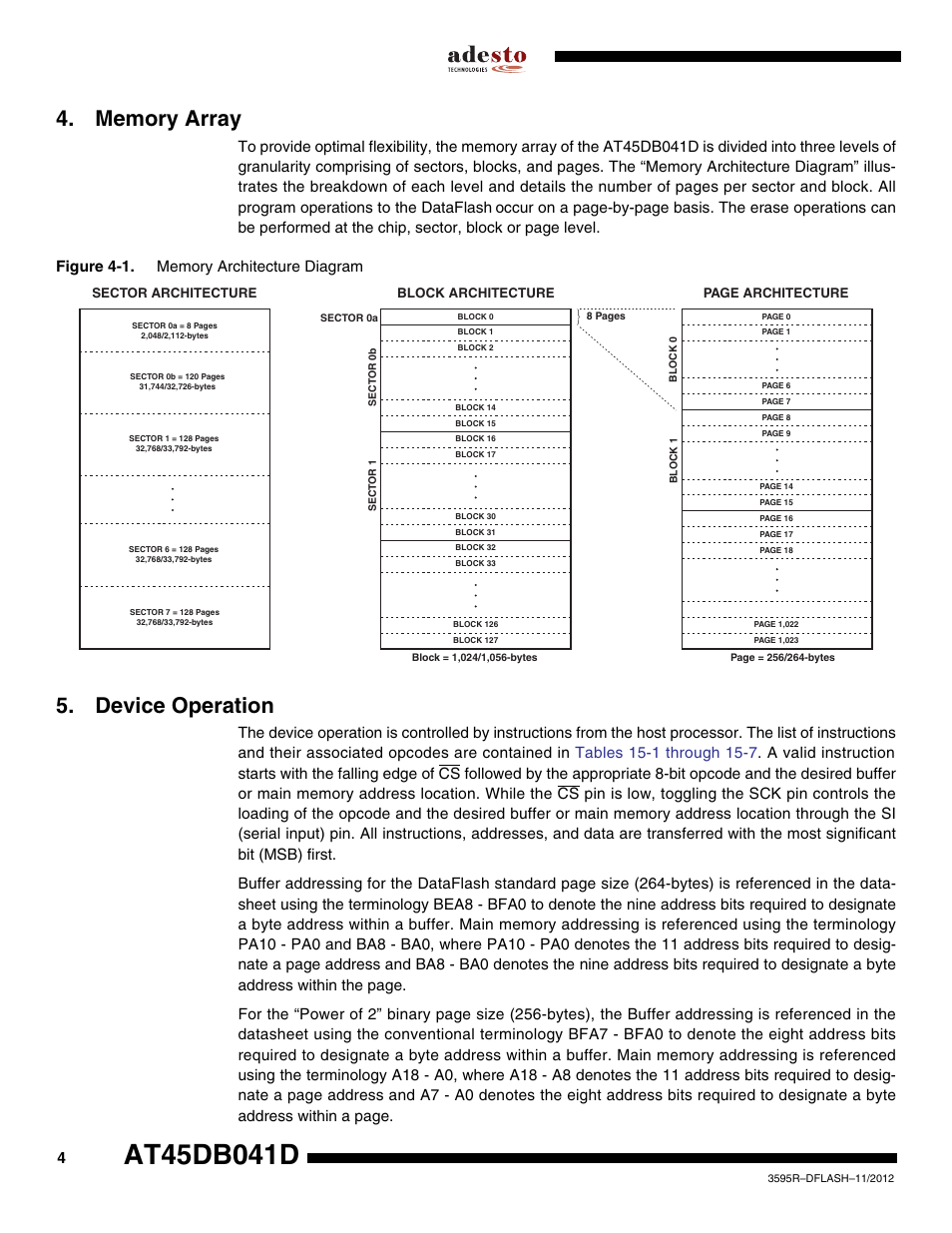 Memory array, Device operation | Rainbow Electronics AT45DB041D User Manual | Page 4 / 53