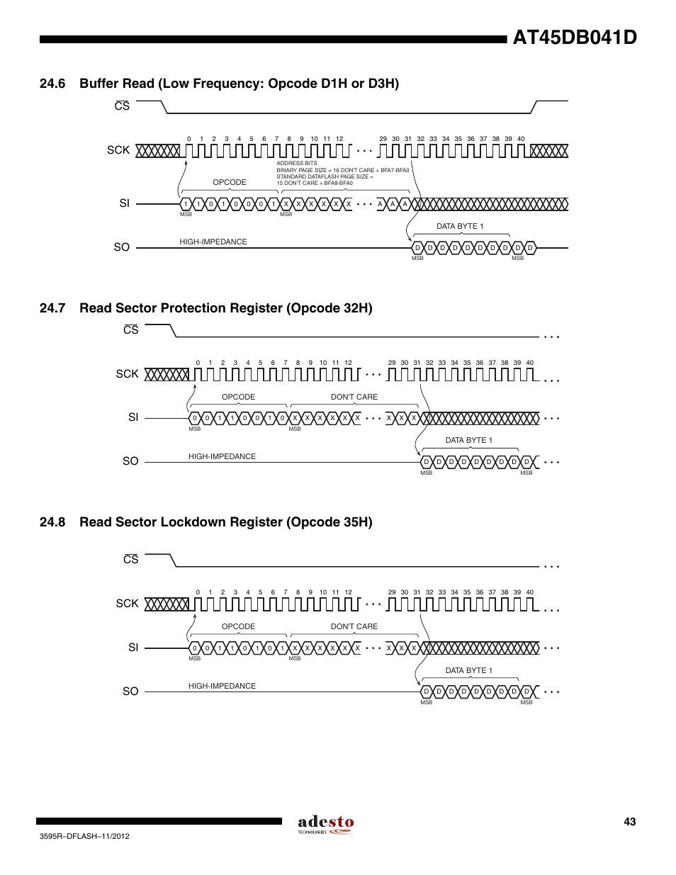 6 buffer read (low frequency: opcode d1h or d3h), 7 read sector protection register (opcode 32h), 8 read sector lockdown register (opcode 35h) | Sck cs si so | Rainbow Electronics AT45DB041D User Manual | Page 43 / 53