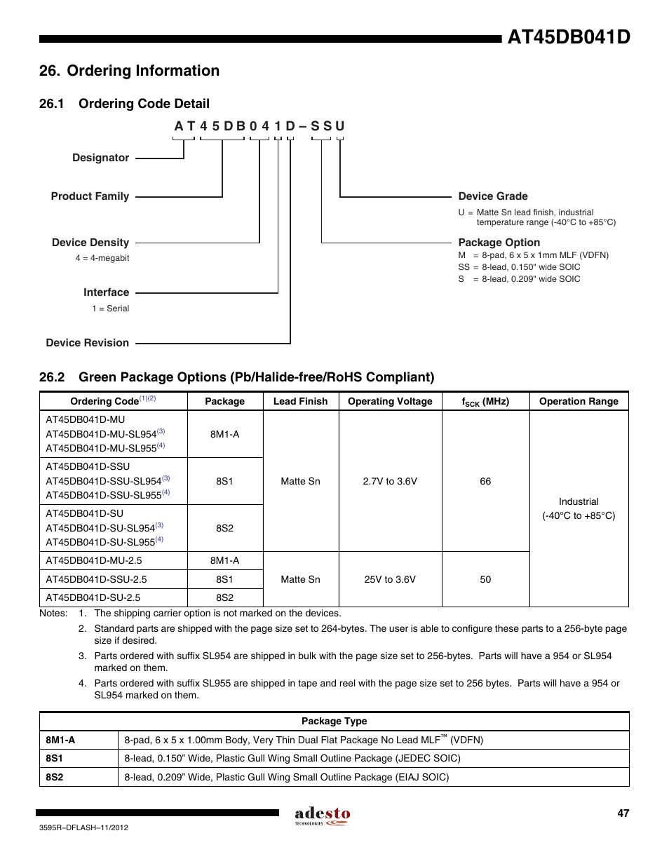 Ordering information, 1 ordering code detail | Rainbow Electronics AT45DB041D User Manual | Page 47 / 53