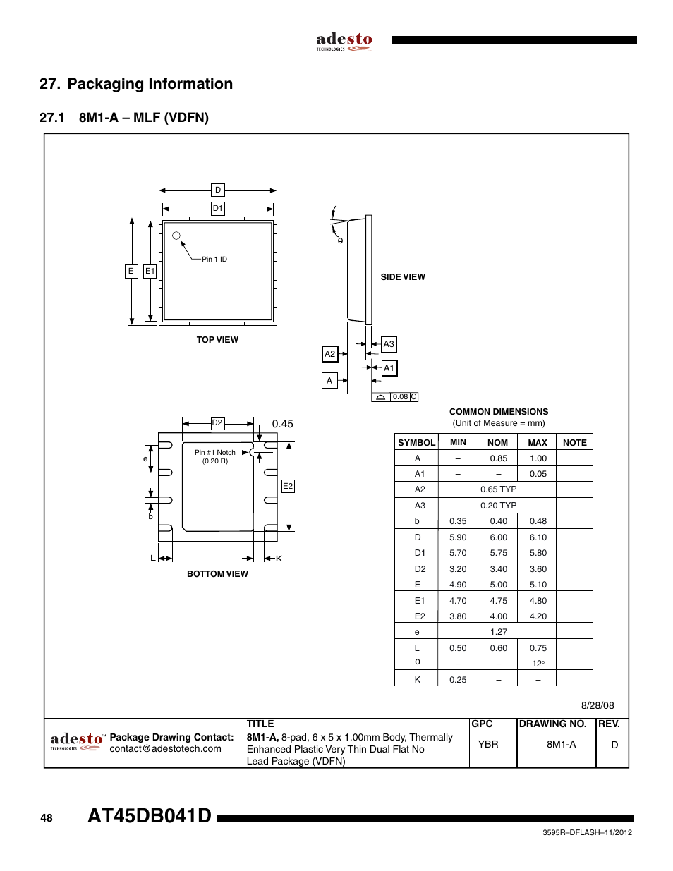 Packaging information, 1 8m1-a – mlf (vdfn) | Rainbow Electronics AT45DB041D User Manual | Page 48 / 53