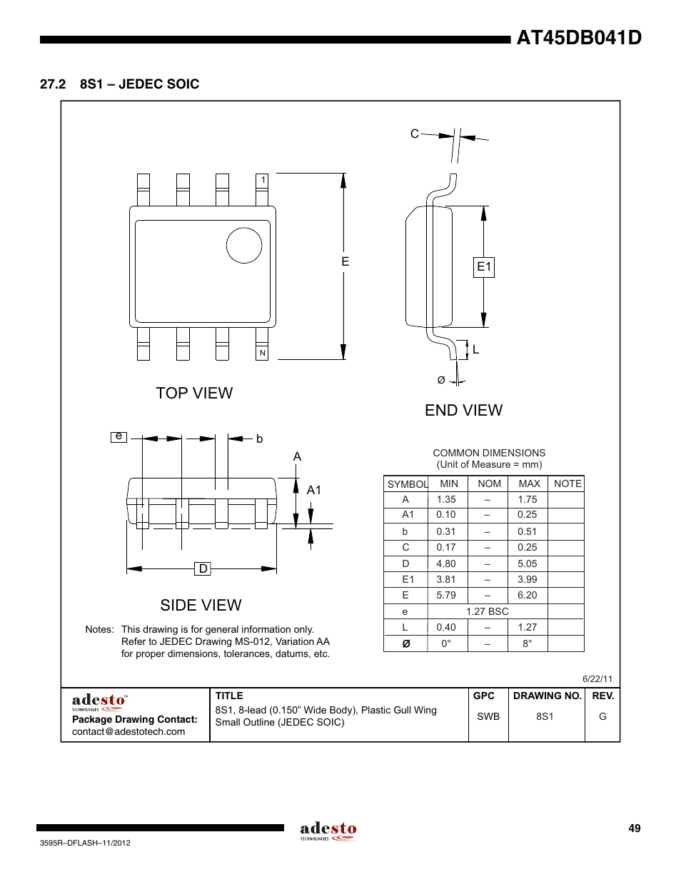 2 8s1 – jedec soic, Top view, End view | Side view | Rainbow Electronics AT45DB041D User Manual | Page 49 / 53