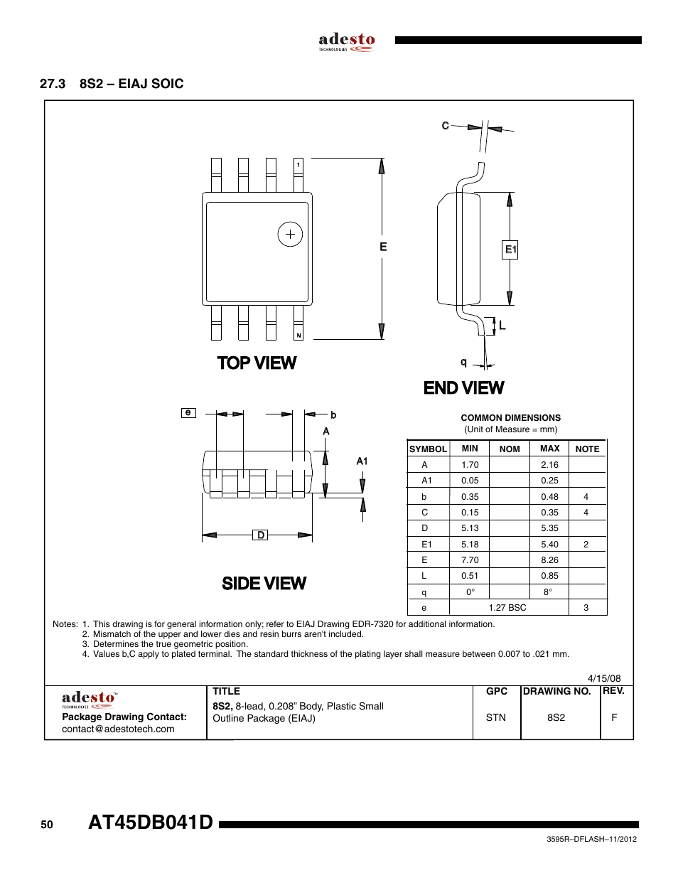 3 8s2 – eiaj soic, Top view, End view | Side view | Rainbow Electronics AT45DB041D User Manual | Page 50 / 53