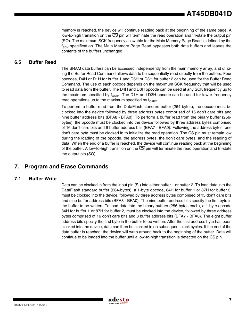 5 buffer read, Program and erase commands, 1 buffer write | Rainbow Electronics AT45DB041D User Manual | Page 7 / 53