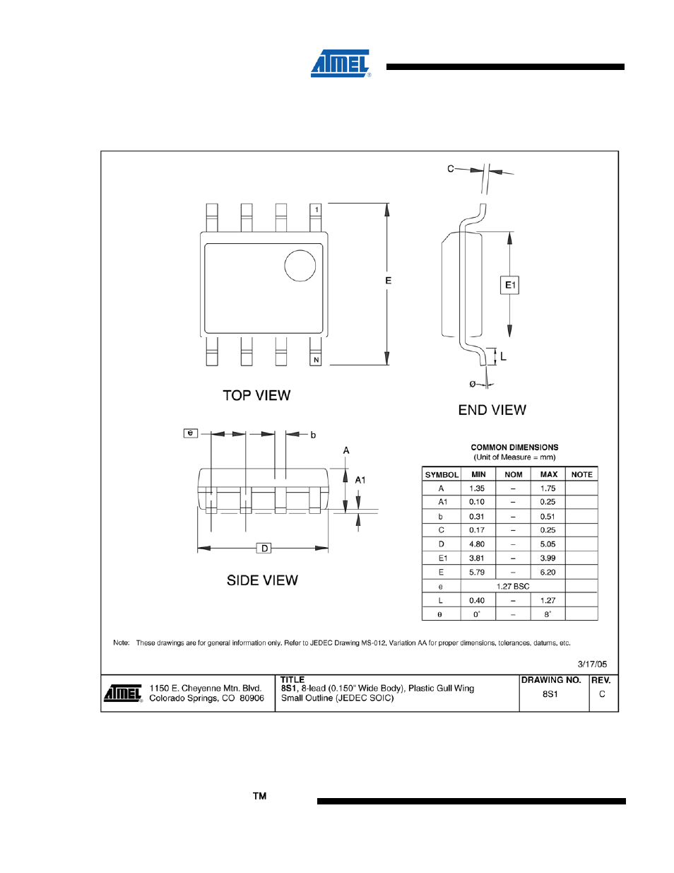 Package drawing, Cryptocompanion ™ chip | Rainbow Electronics AT88SC018 User Manual | Page 8 / 10