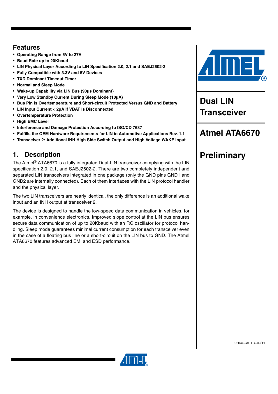 Rainbow Electronics ATA6670 User Manual | 20 pages