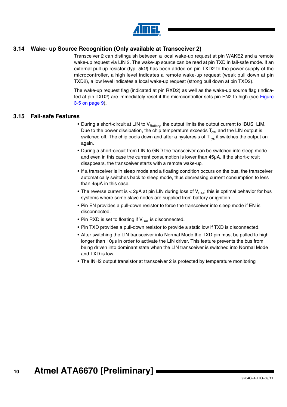15 fail-safe features, Atmel ata6670 [preliminary | Rainbow Electronics ATA6670 User Manual | Page 10 / 20