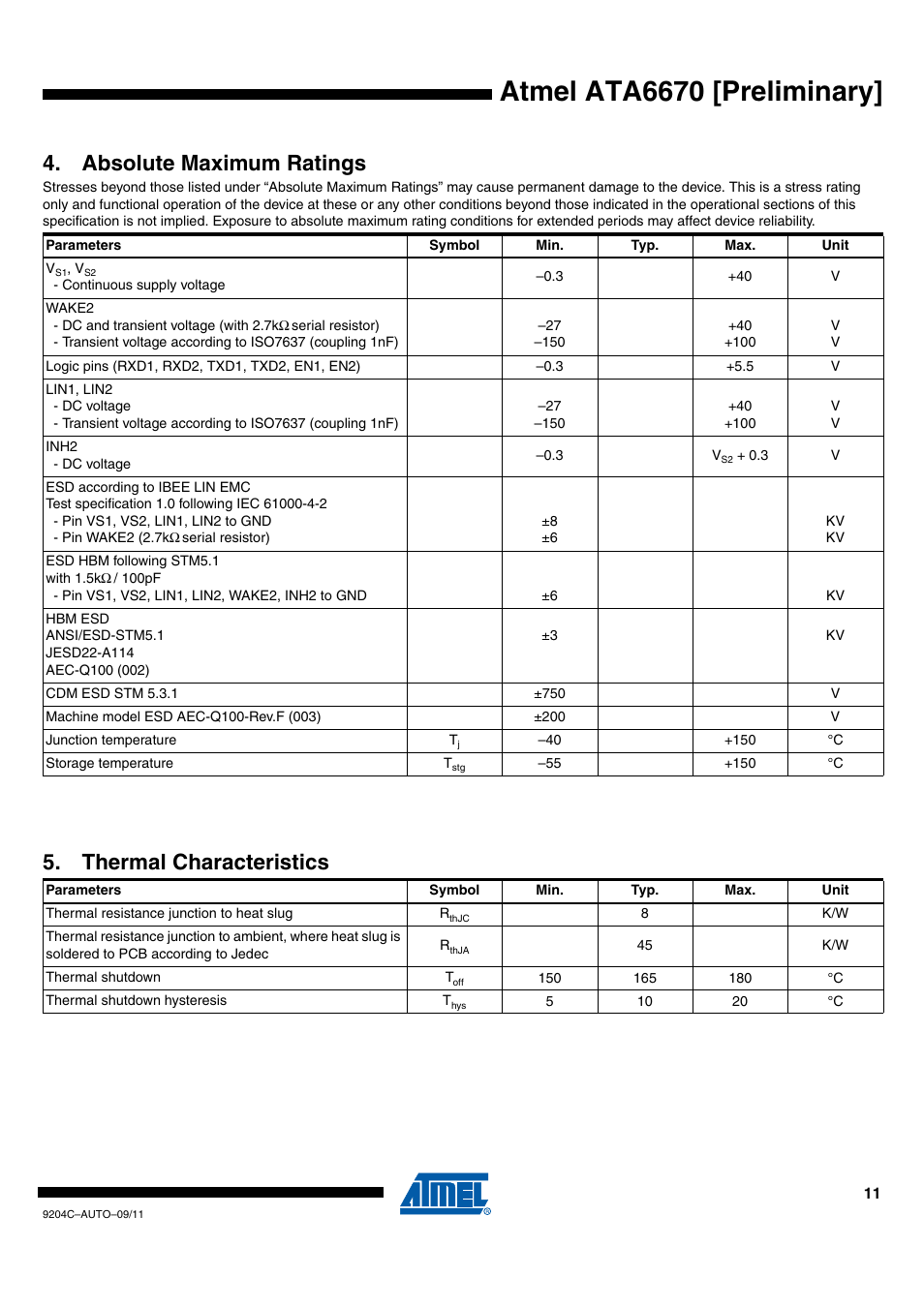 Absolute maximum ratings, Thermal characteristics, Atmel ata6670 [preliminary | Rainbow Electronics ATA6670 User Manual | Page 11 / 20