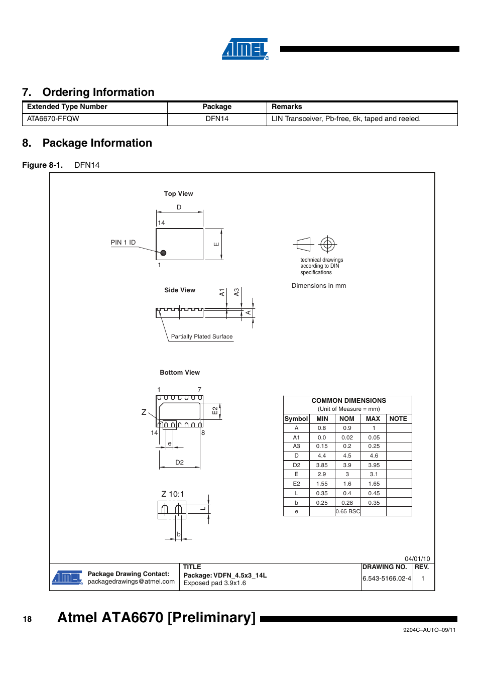 Ordering information, Package information, Atmel ata6670 [preliminary | Rainbow Electronics ATA6670 User Manual | Page 18 / 20