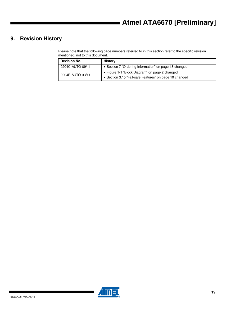 Revision history, Atmel ata6670 [preliminary | Rainbow Electronics ATA6670 User Manual | Page 19 / 20