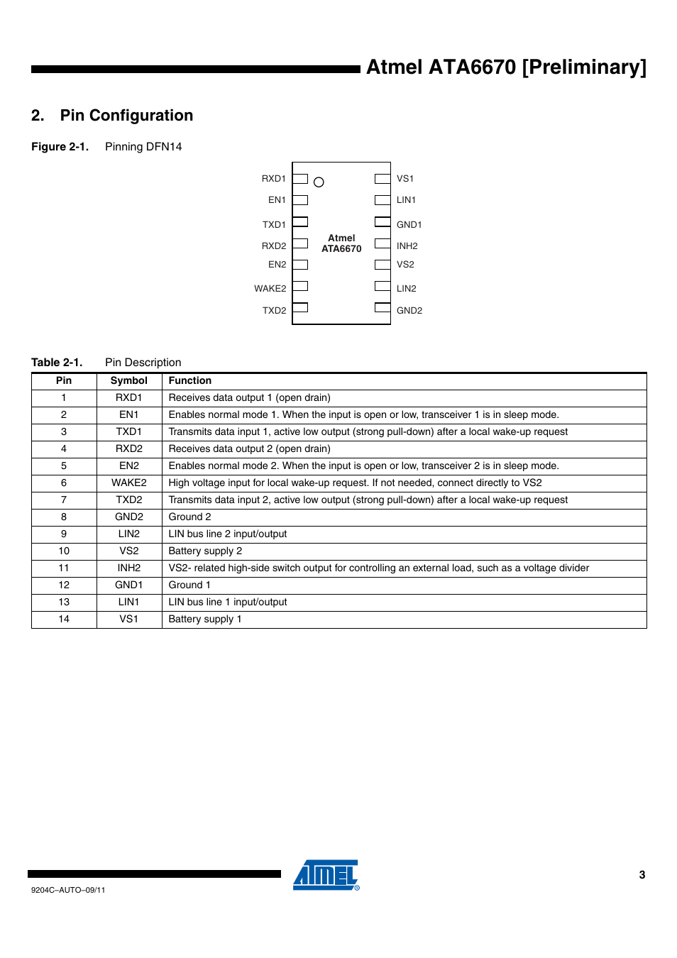 Pin configuration, Atmel ata6670 [preliminary | Rainbow Electronics ATA6670 User Manual | Page 3 / 20