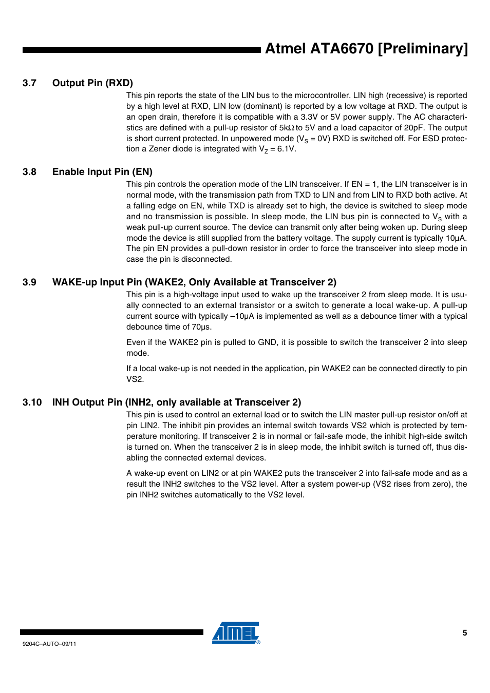 7 output pin (rxd), 8 enable input pin (en), Atmel ata6670 [preliminary | Rainbow Electronics ATA6670 User Manual | Page 5 / 20