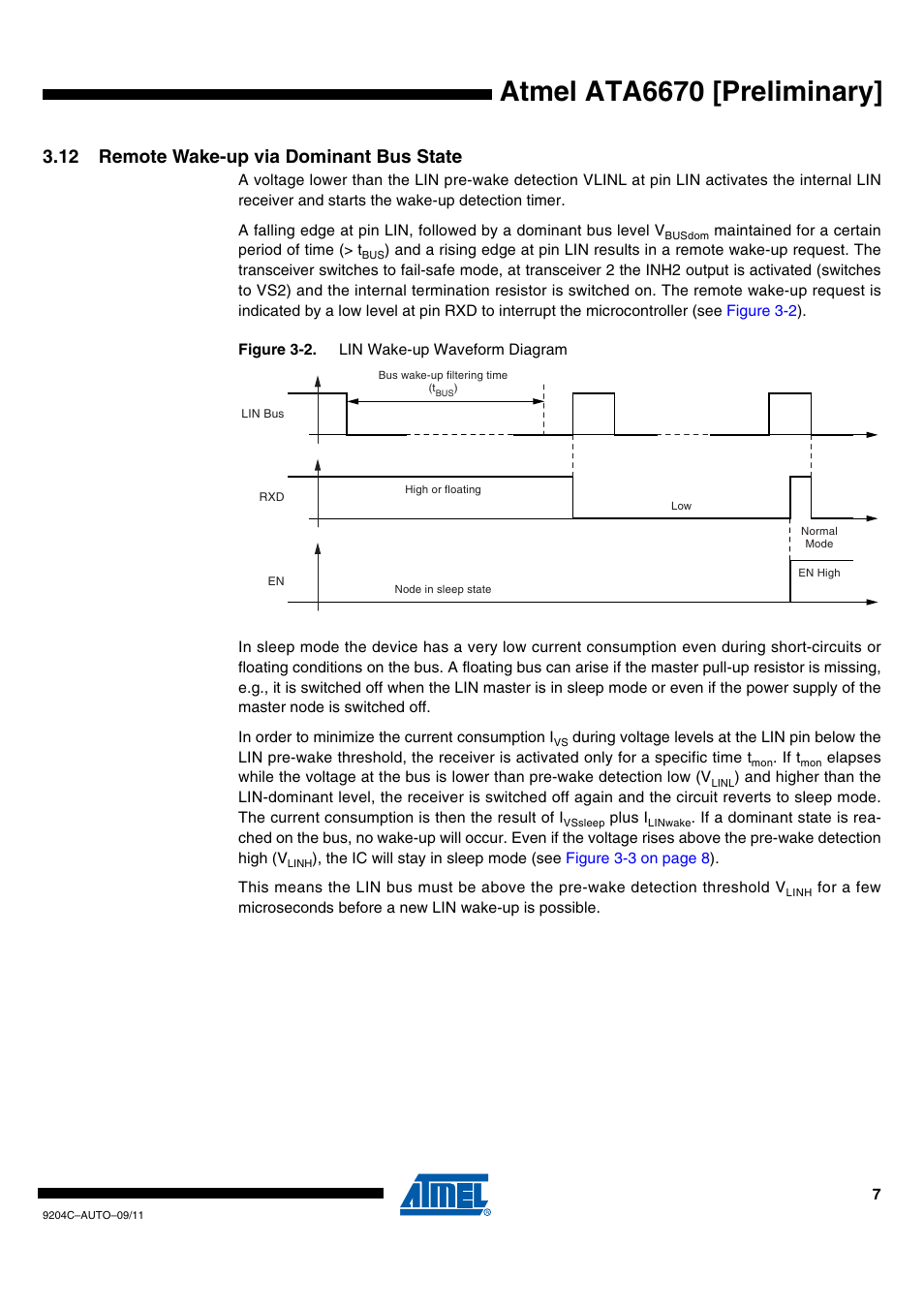 12 remote wake-up via dominant bus state, Atmel ata6670 [preliminary | Rainbow Electronics ATA6670 User Manual | Page 7 / 20