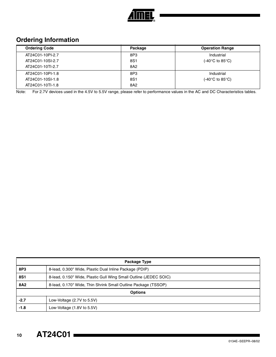 At24c01, Ordering information | Rainbow Electronics AT24C01 User Manual | Page 10 / 14