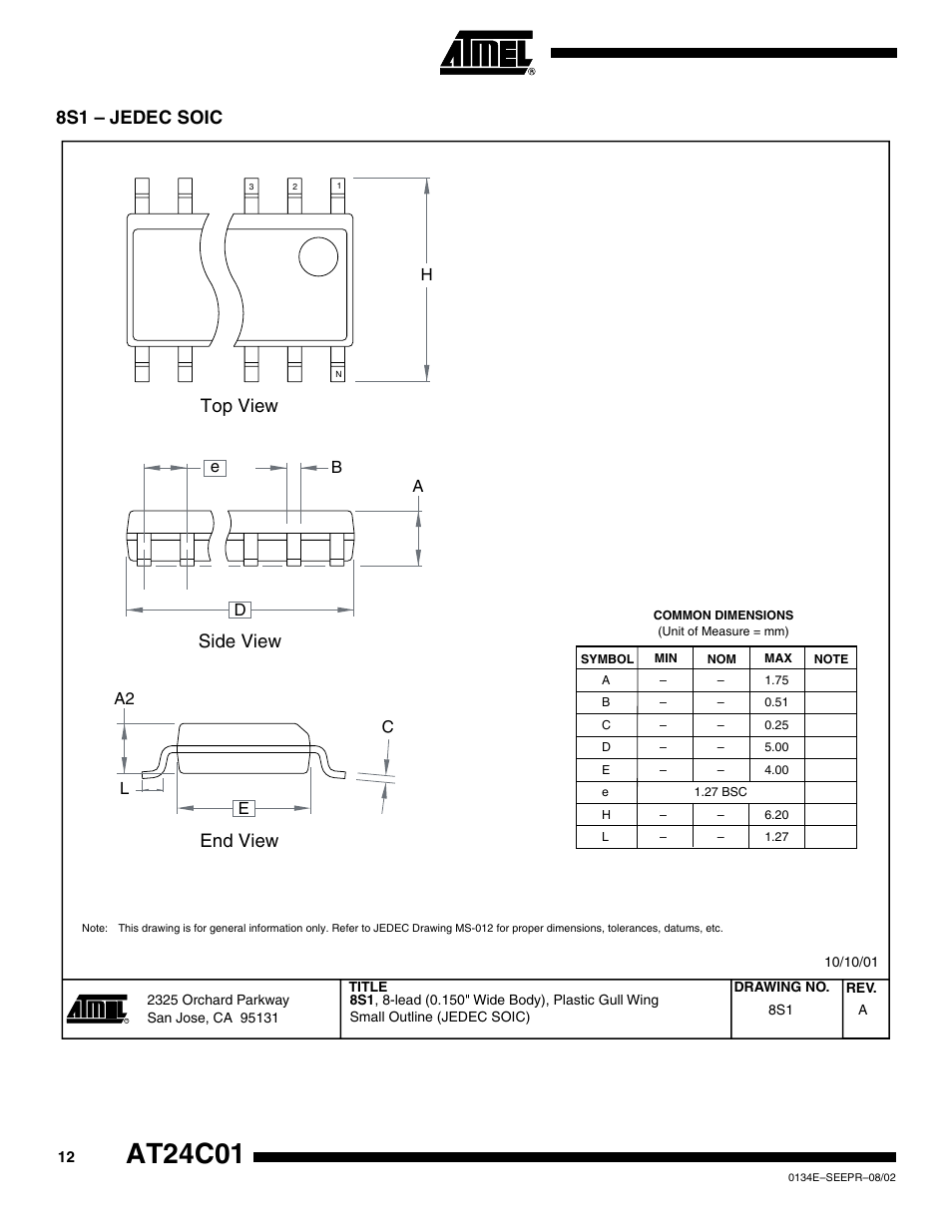 8s1 – jedec soic, At24c01, Top view | End view, Side view | Rainbow Electronics AT24C01 User Manual | Page 12 / 14