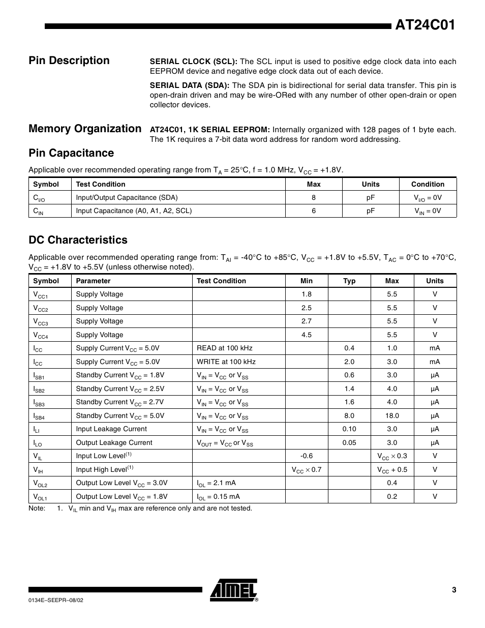 Pin description, Memory organization, Pin capacitance | Dc characteristics, At24c01 | Rainbow Electronics AT24C01 User Manual | Page 3 / 14