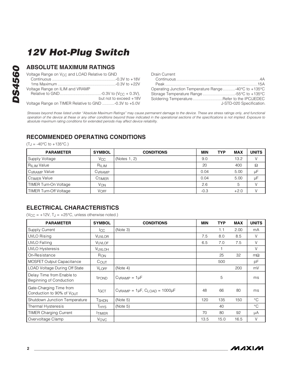 Electrical characteristics | Rainbow Electronics DS4560 User Manual | Page 2 / 8