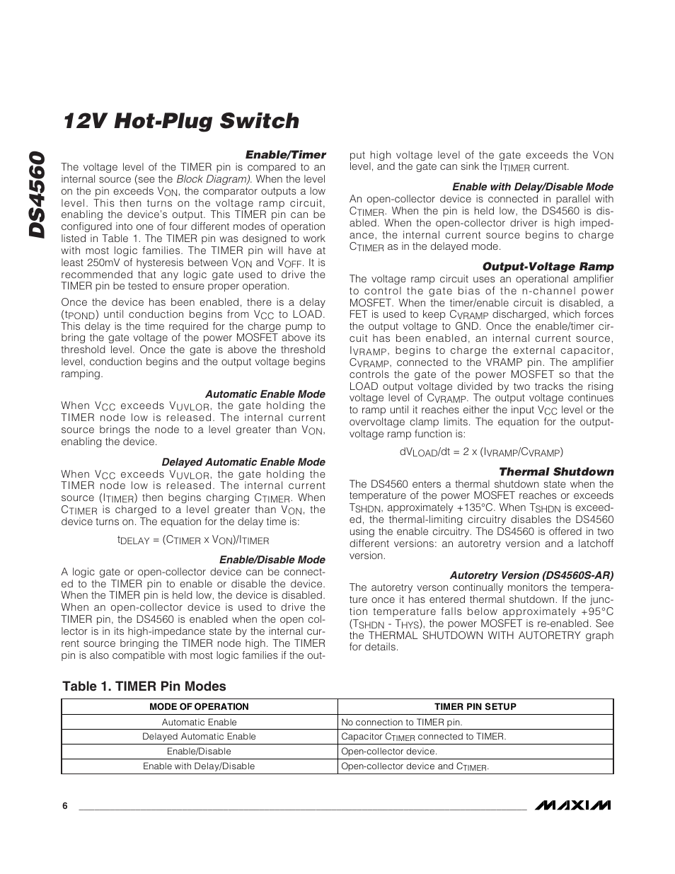 Table 1. timer pin modes | Rainbow Electronics DS4560 User Manual | Page 6 / 8