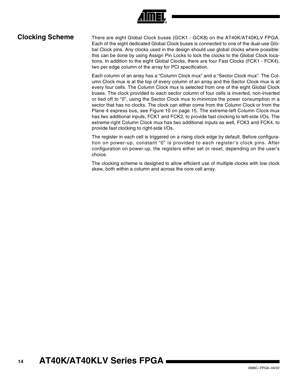 Clocking scheme, At40k/at40klv series fpga | Rainbow Electronics AT40K40LV User Manual | Page 14 / 67