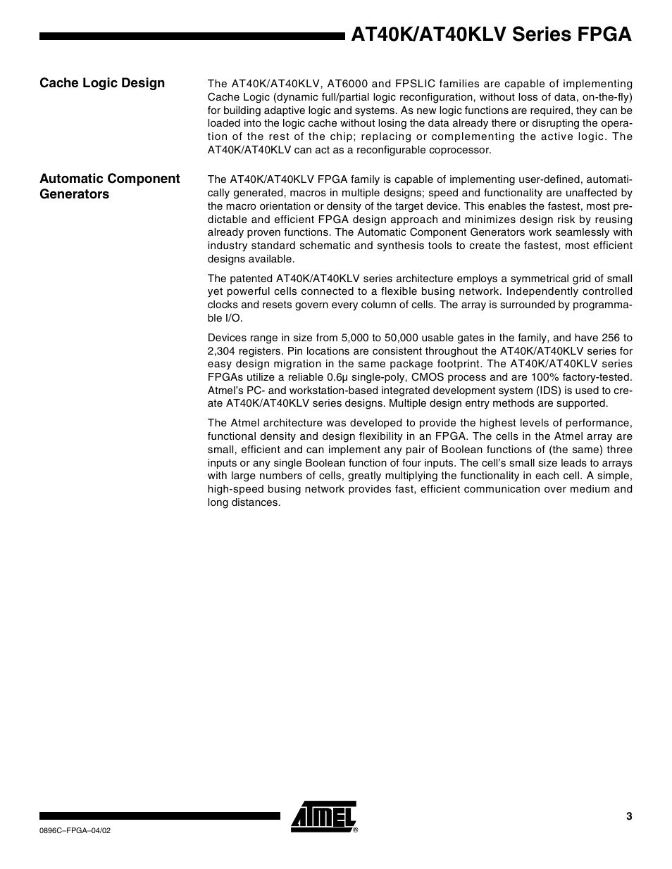 Cache logic design, Automatic component generators, At40k/at40klv series fpga | Rainbow Electronics AT40K40LV User Manual | Page 3 / 67