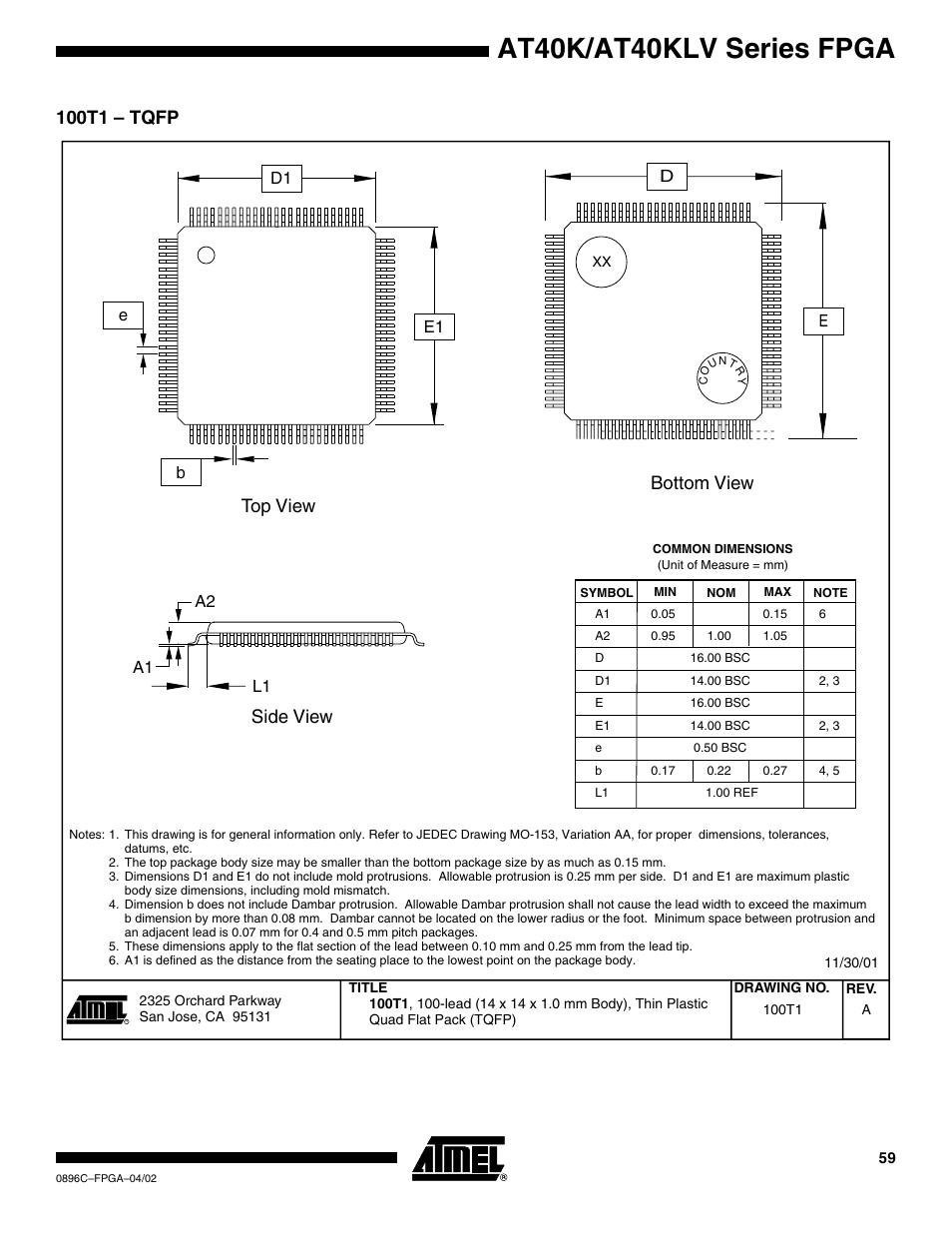 100t1 – tqfp, At40k/at40klv series fpga, Bottom view side view top view | Rainbow Electronics AT40K40LV User Manual | Page 59 / 67