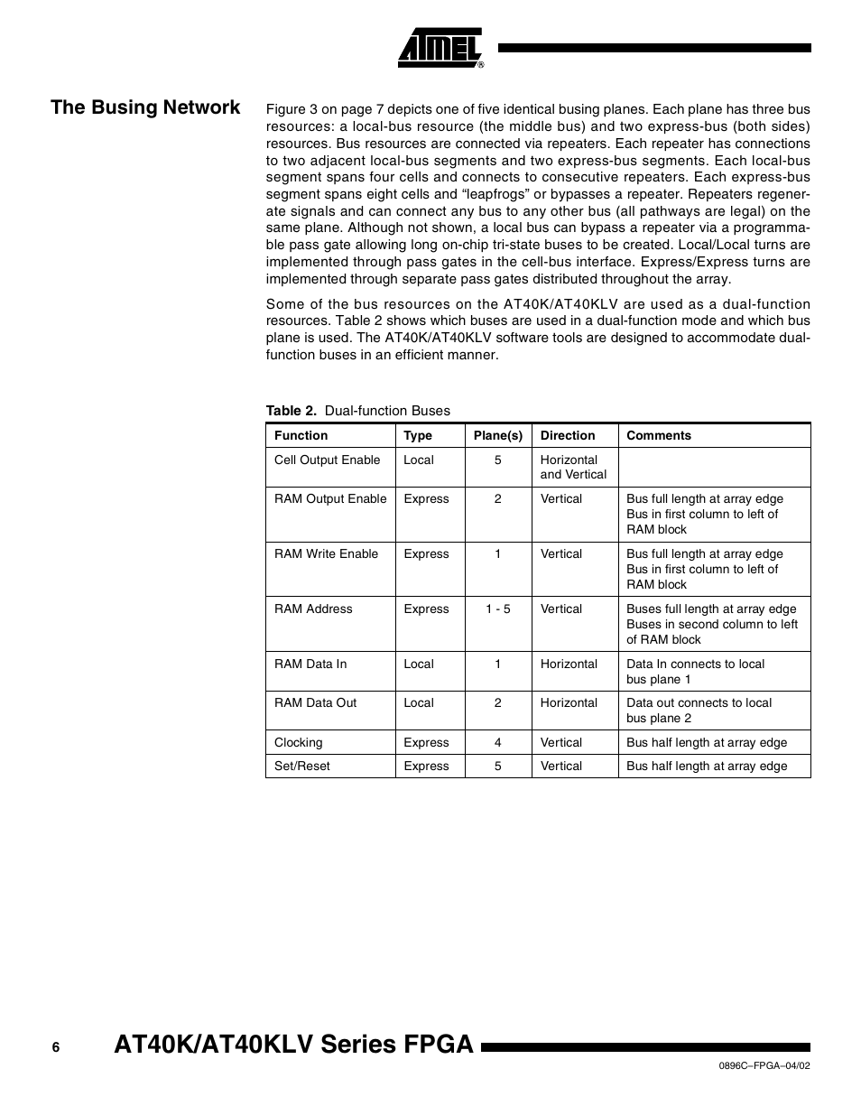 The busing network, At40k/at40klv series fpga | Rainbow Electronics AT40K40LV User Manual | Page 6 / 67