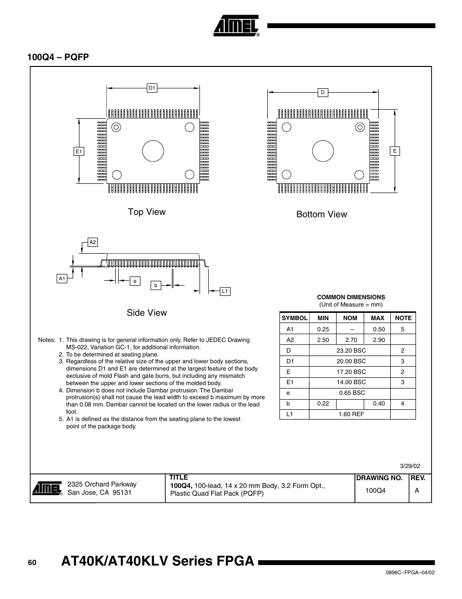 100q4 – pqfp, At40k/at40klv series fpga, Side view top view bottom view | Rainbow Electronics AT40K40LV User Manual | Page 60 / 67