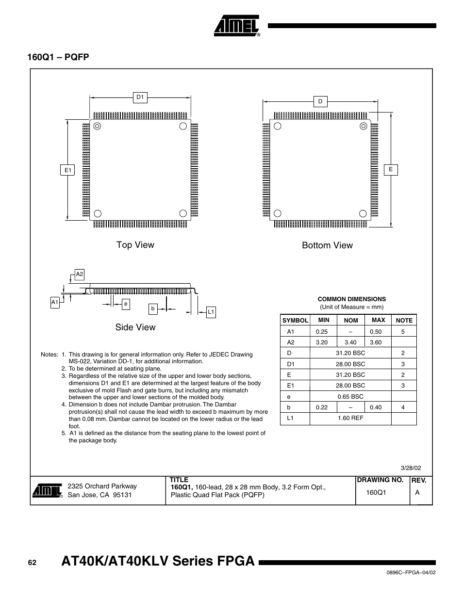 160q1 – pqfp, At40k/at40klv series fpga, Side view top view bottom view | Rainbow Electronics AT40K40LV User Manual | Page 62 / 67