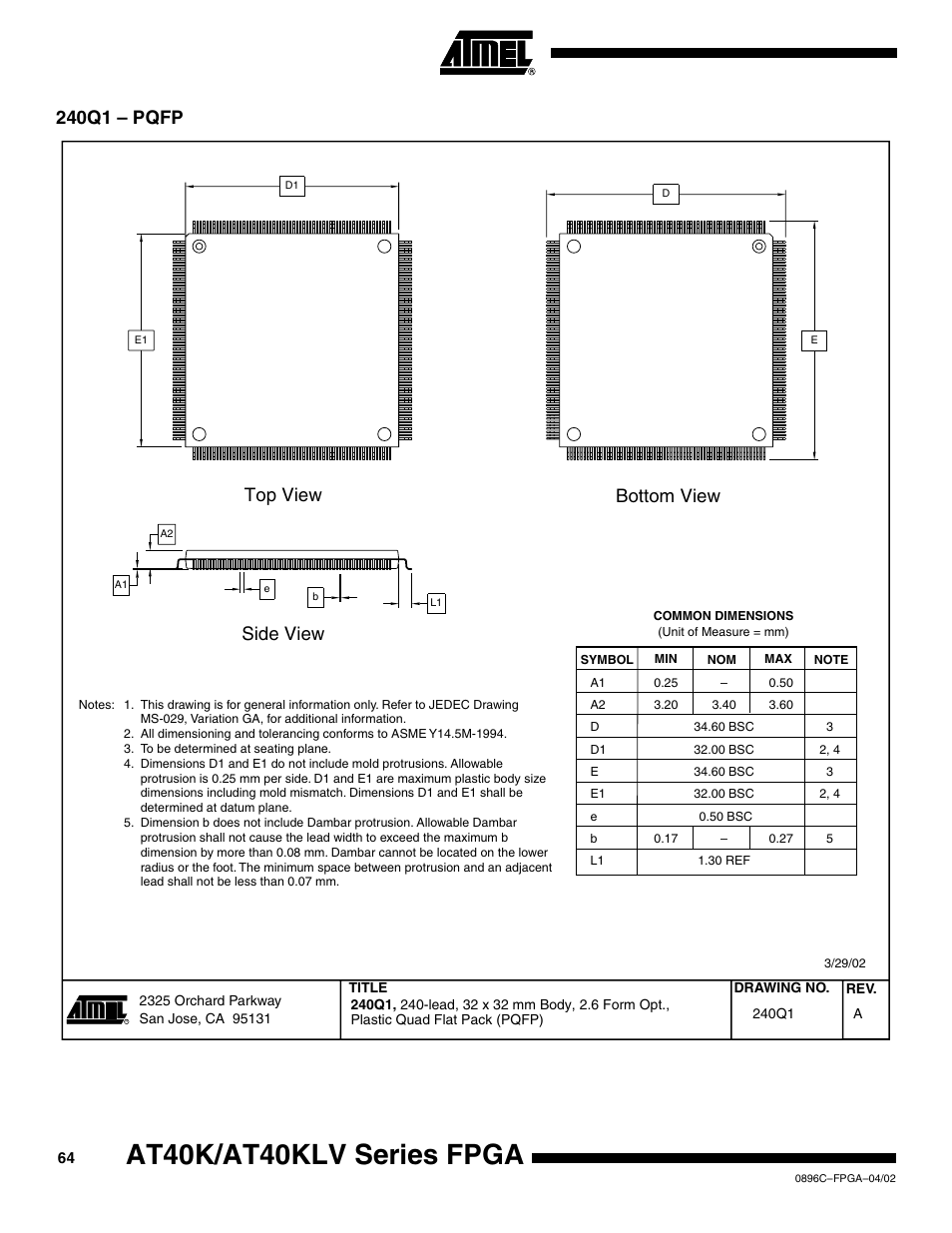 240q1 – pqfp, At40k/at40klv series fpga, Side view top view bottom view | Rainbow Electronics AT40K40LV User Manual | Page 64 / 67