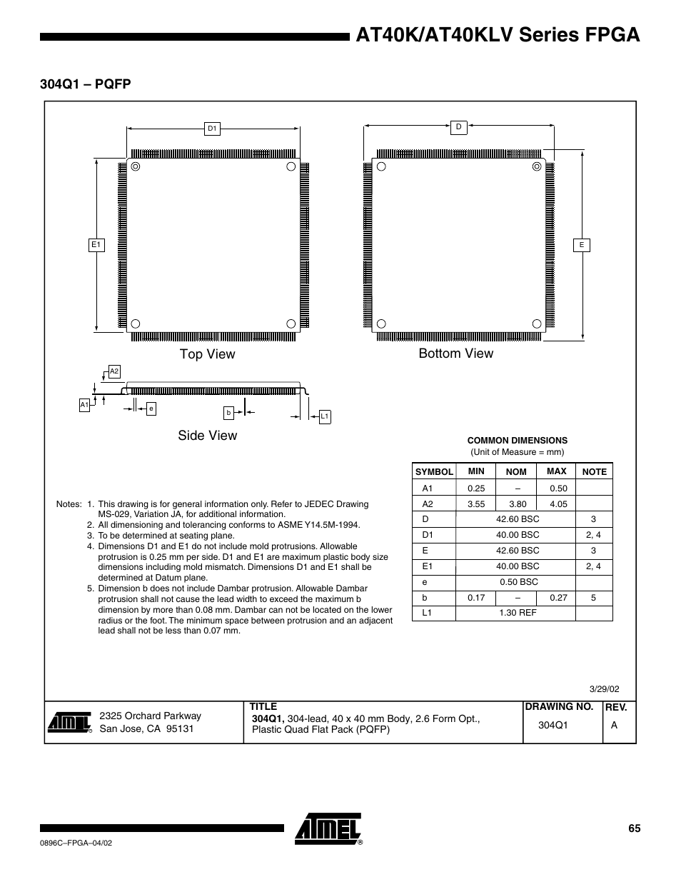 304q1 – pqfp, At40k/at40klv series fpga, Side view top view bottom view | Rainbow Electronics AT40K40LV User Manual | Page 65 / 67