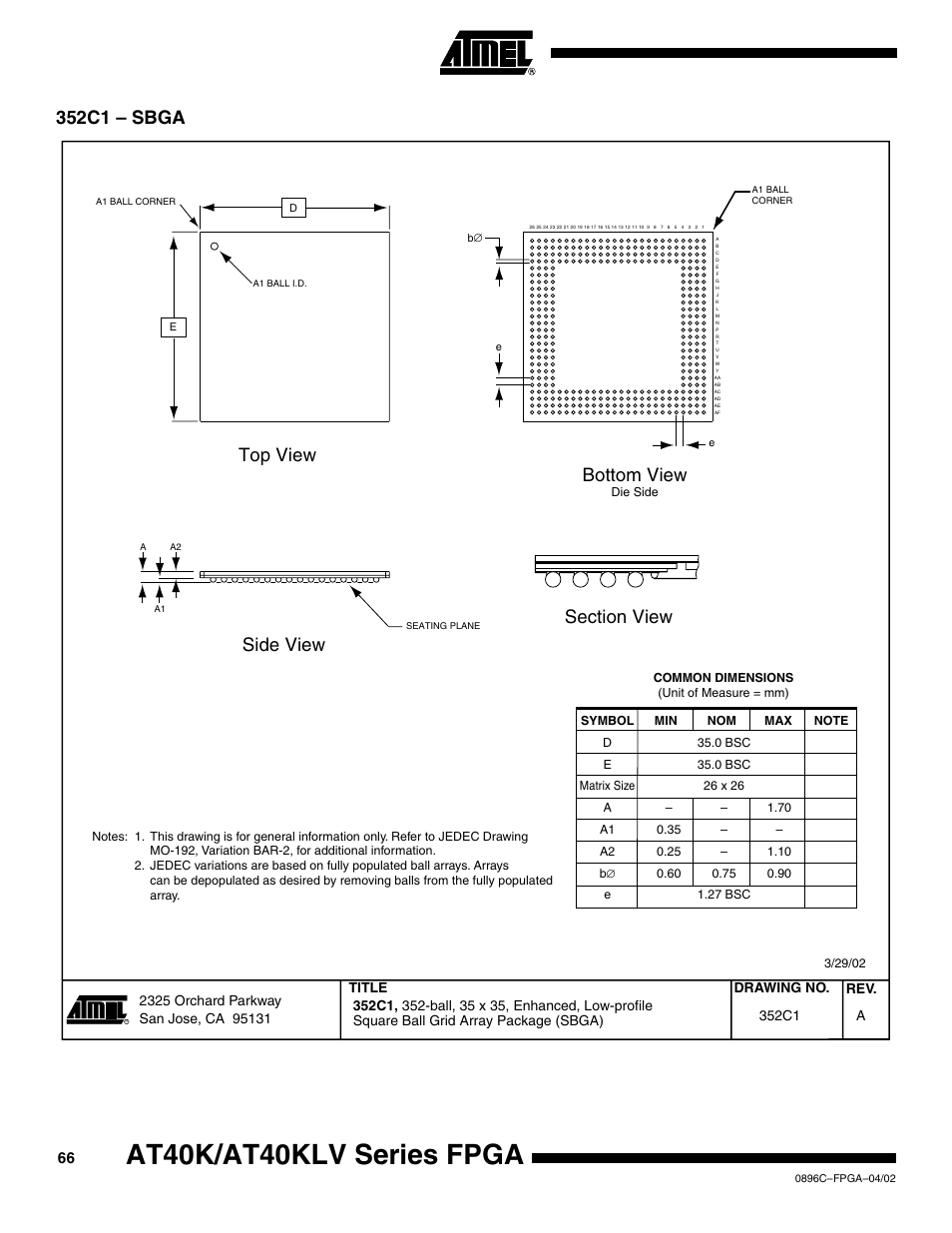 352c1 – sbga, At40k/at40klv series fpga, Side view | Rainbow Electronics AT40K40LV User Manual | Page 66 / 67