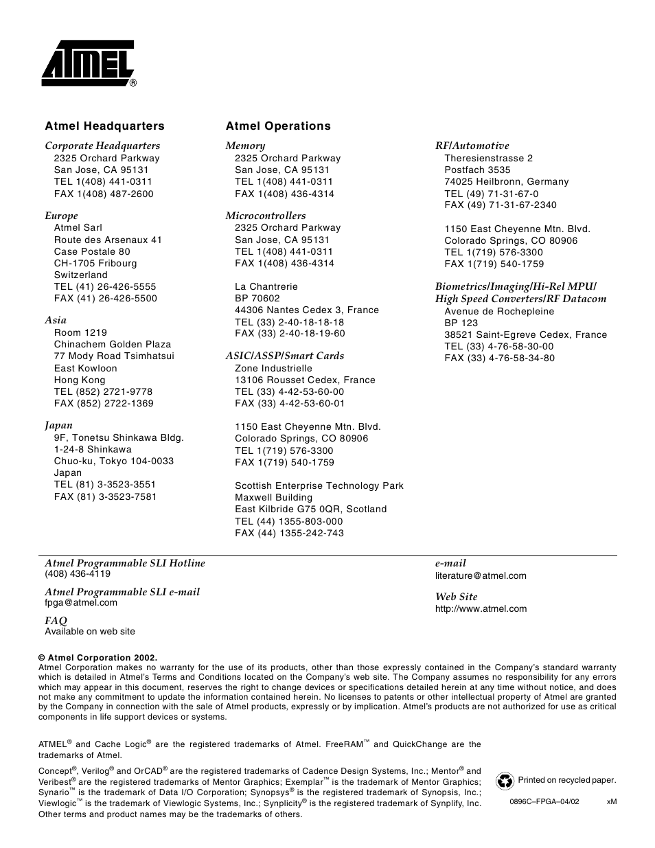 Atmel headquarters atmel operations | Rainbow Electronics AT40K40LV User Manual | Page 67 / 67