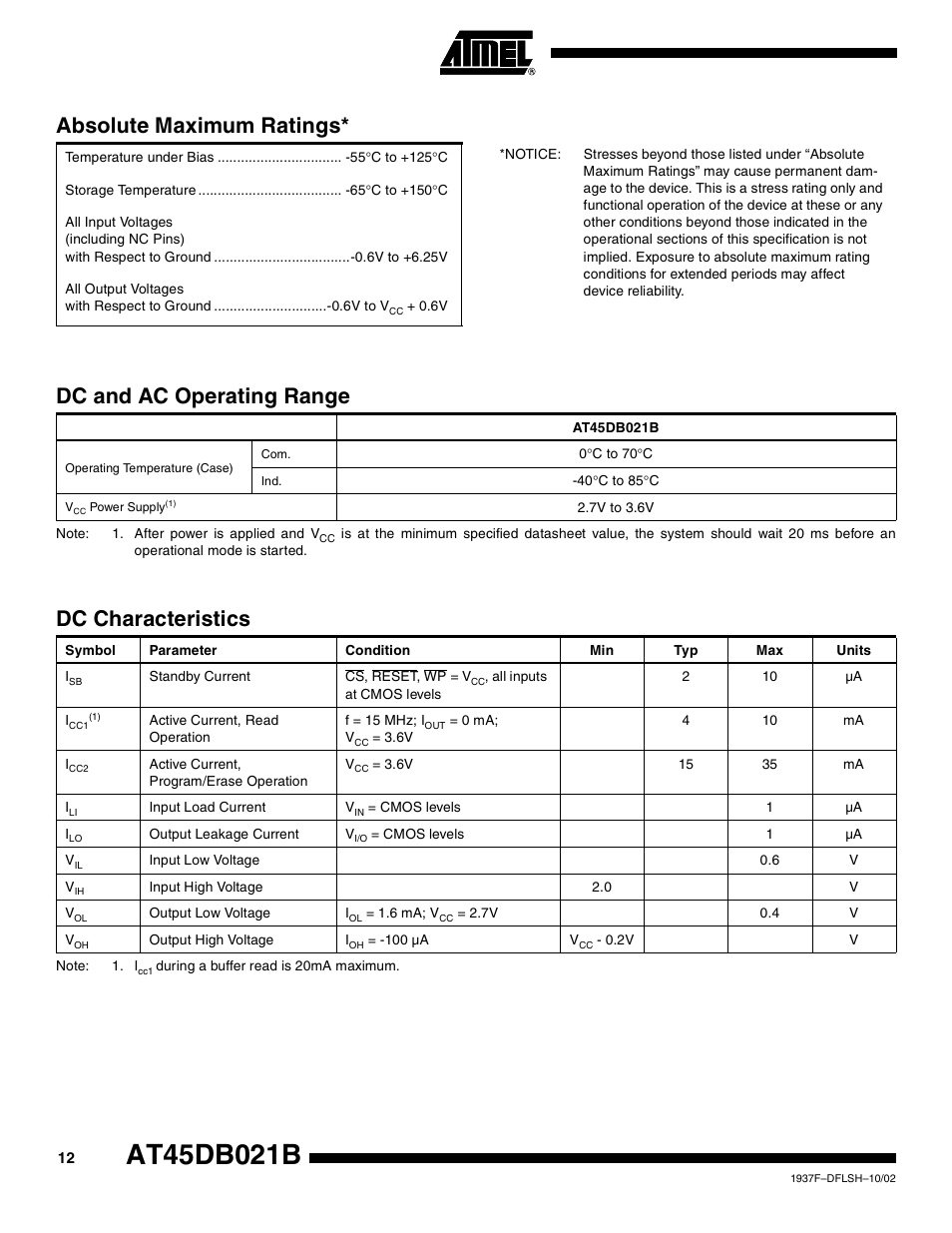 Absolute maximum ratings, Dc and ac operating range, Dc characteristics | Rainbow Electronics AT45DB021B User Manual | Page 12 / 33