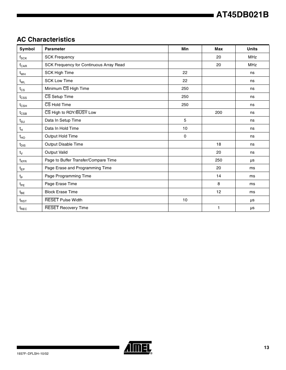 Ac characteristics | Rainbow Electronics AT45DB021B User Manual | Page 13 / 33