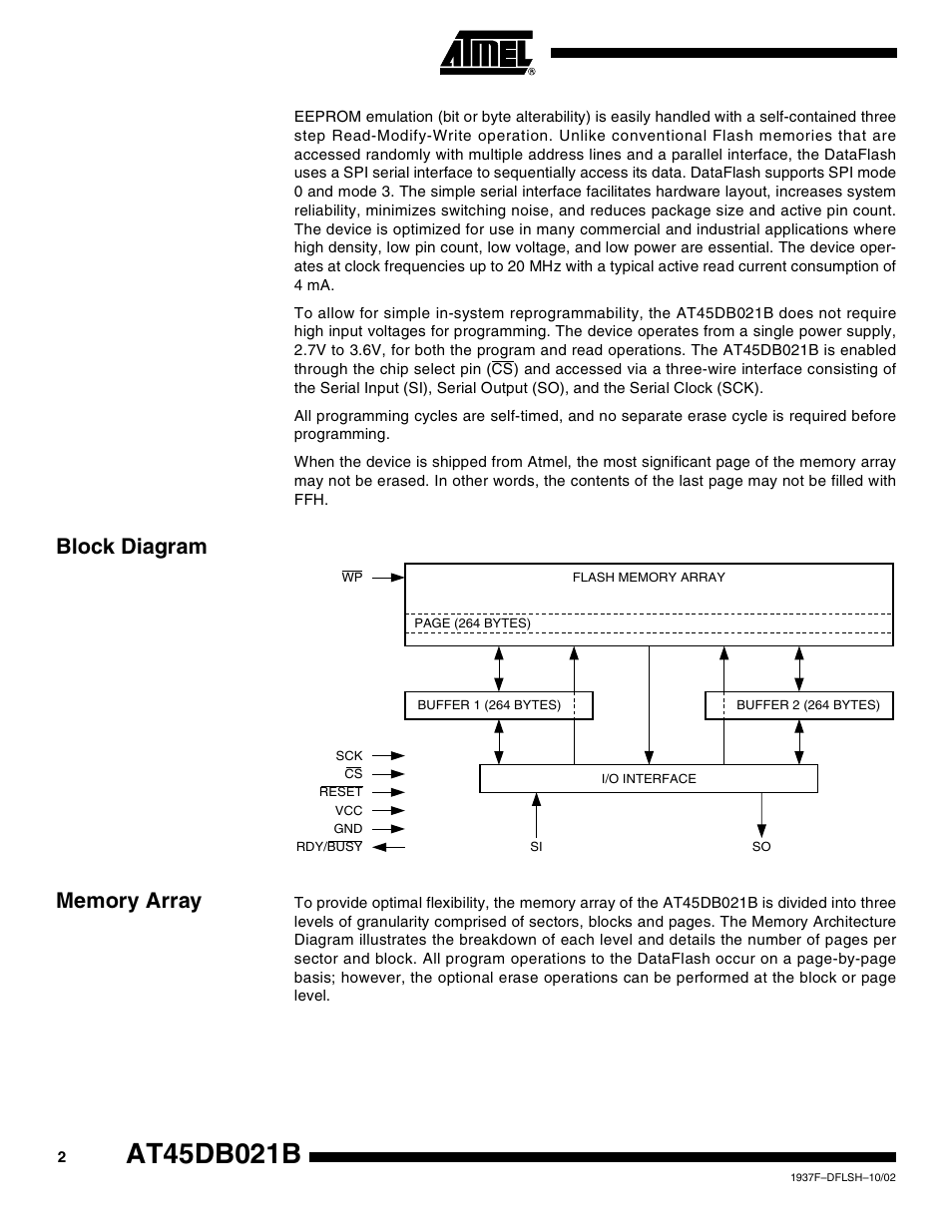Block diagram, Memory array | Rainbow Electronics AT45DB021B User Manual | Page 2 / 33