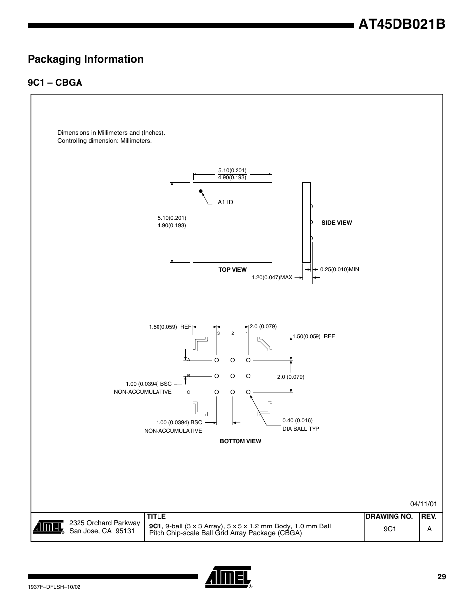 Packaging information, 9c1 – cbga | Rainbow Electronics AT45DB021B User Manual | Page 29 / 33