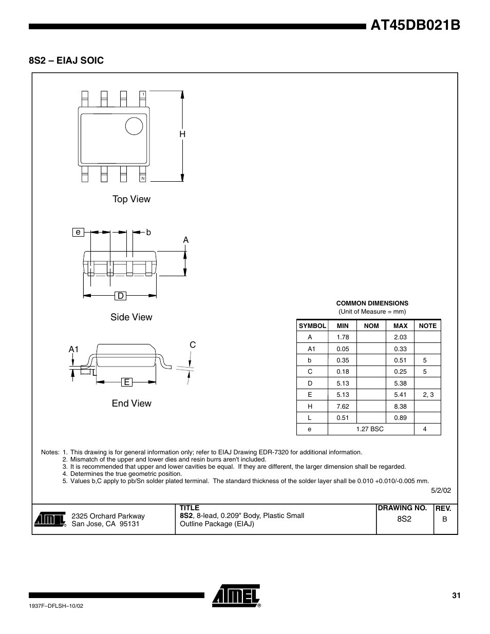 8s2 – eiaj soic, Top view side view end view | Rainbow Electronics AT45DB021B User Manual | Page 31 / 33
