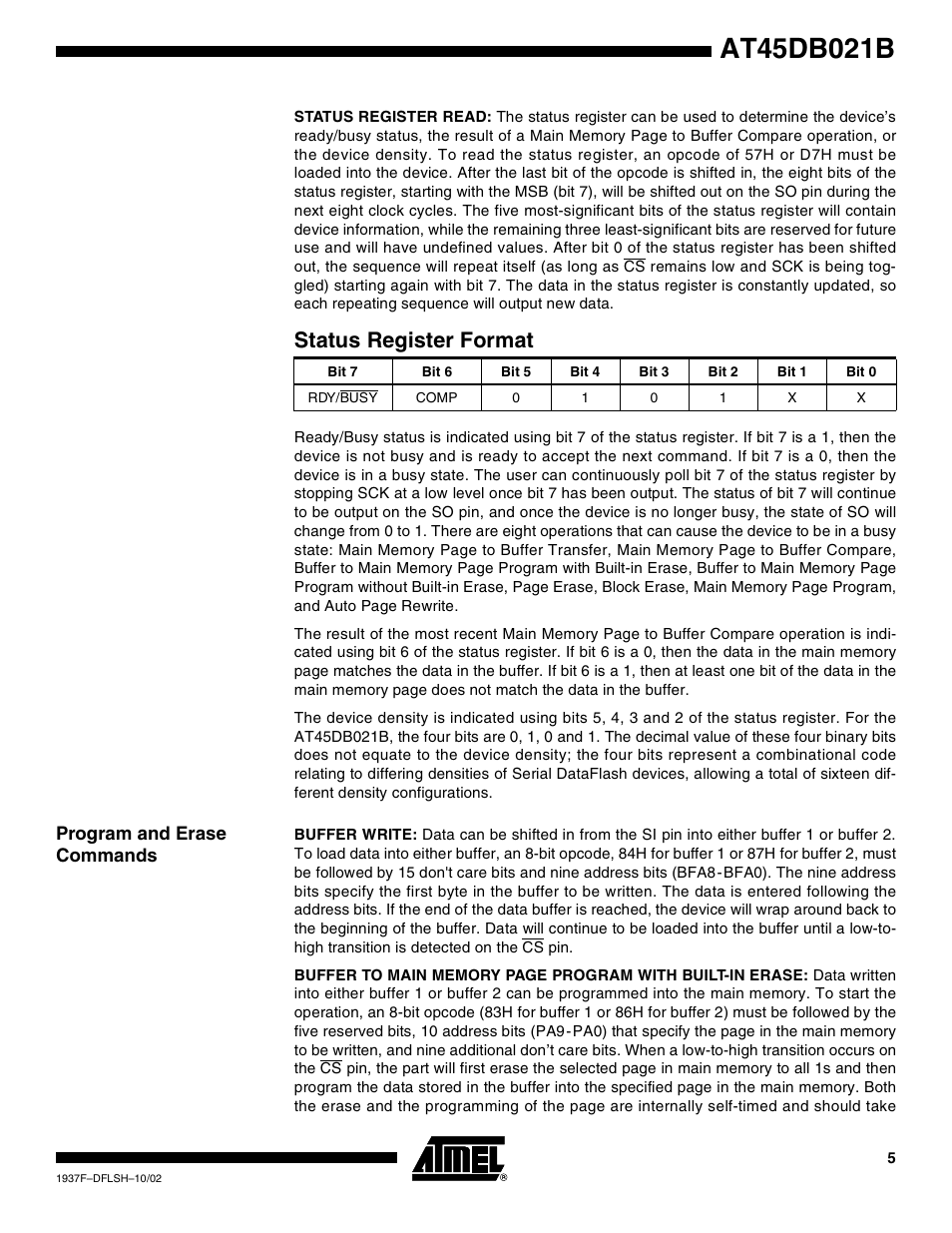 Status register format, Program and erase commands | Rainbow Electronics AT45DB021B User Manual | Page 5 / 33