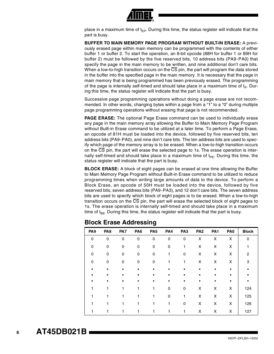Block erase addressing | Rainbow Electronics AT45DB021B User Manual | Page 6 / 33