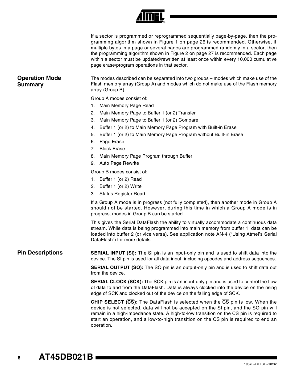 Operation mode summary, Pin descriptions | Rainbow Electronics AT45DB021B User Manual | Page 8 / 33