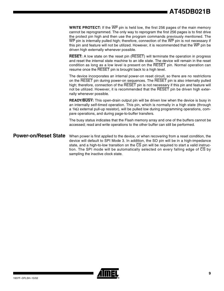 Power-on/reset state | Rainbow Electronics AT45DB021B User Manual | Page 9 / 33