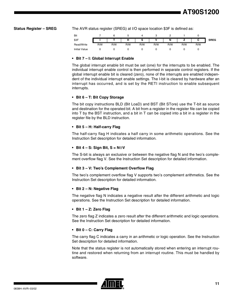 Status register – sreg | Rainbow Electronics AT90S1200 User Manual | Page 11 / 71