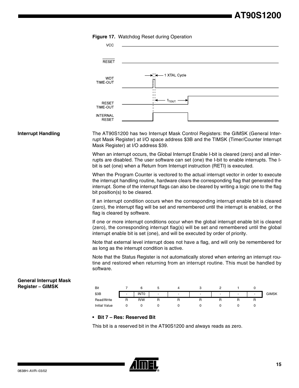 Interrupt handling, General interrupt mask register – gimsk | Rainbow Electronics AT90S1200 User Manual | Page 15 / 71