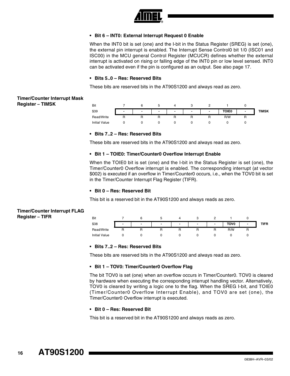 Timer/counter interrupt mask register – timsk, Timer/counter interrupt flag register – tifr | Rainbow Electronics AT90S1200 User Manual | Page 16 / 71